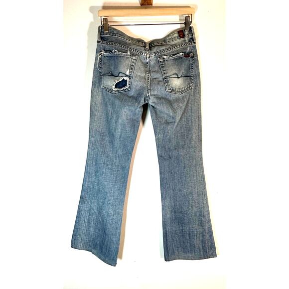 7 FOR ALL MANKIND Distressed Flare Jeans Womans size 28 X 29 Low Rise Vintage - Picture 8 of 15